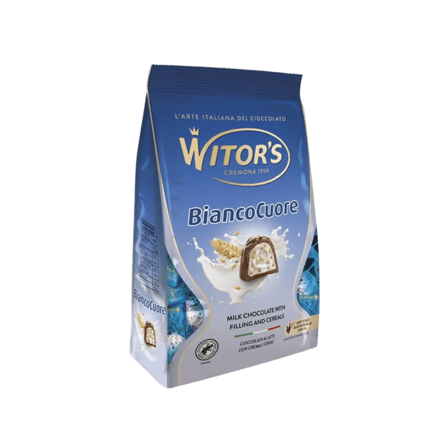 Bombom Witors Binco Cuore 125g Bombom Witor's Bianco Cuore 125g. Chocolate ao leite com recheio cremoso e cereais crocantes, direto da Itália.